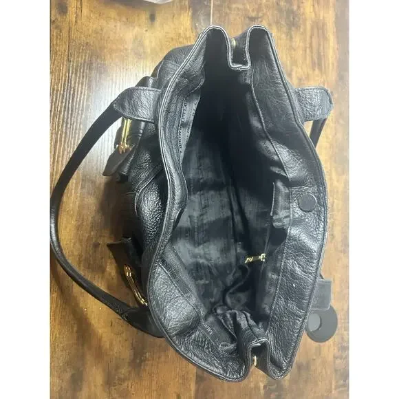 Polo Ralph Lauren Black Leather Tote Shoulder Bag Gold Hardware Classic - Picture 11 of 16